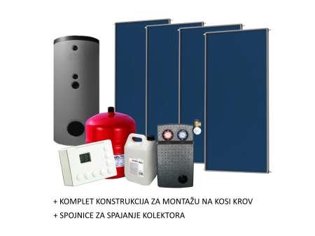 SOLARNI SET ZA ZAGRIJAVANJE VODE 4 plava kolektora, 500L spremnik, kontroler, pumpna stanica i ostalo